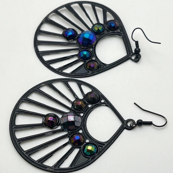 Black Fan-Shaped Dangle Earrings with Iridescent Rhinestone Accents - Picture 6 of 6